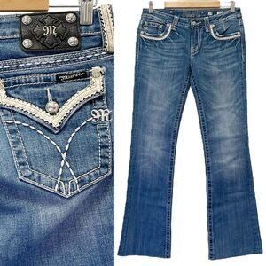 Miss Me Y2K Bling Rhinestone Leather Trim Bootcut Medium Wash JW5087B2 Size 29